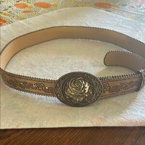 Floral Embossed Tan Belt with Silver Rose Buckle